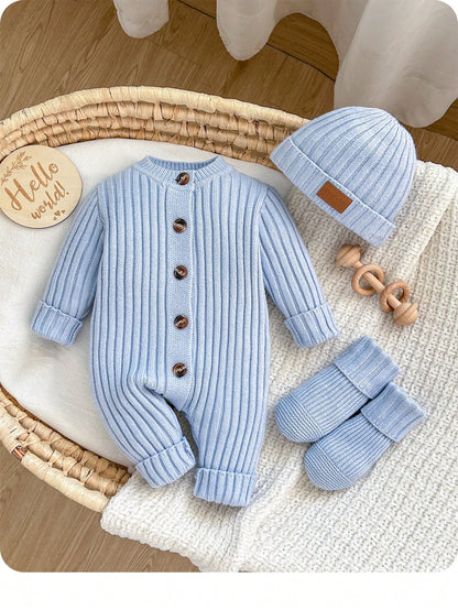 Newborn Baby Cute Autumn/Winter Versatile Knit Minimalist Romper Crawl Suit Footies Hat Set