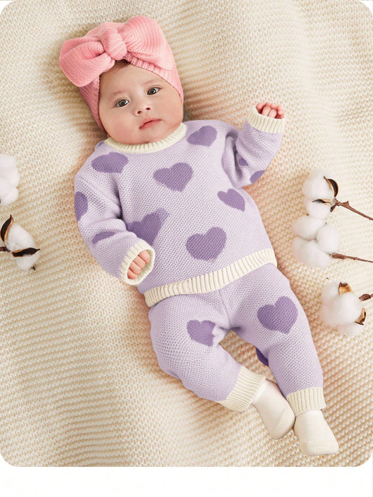 Newborn Baby Girl Cute Autumn Lavender Knitted Heart Pattern Long Sleeve Sweater And Winter Pants Set,Versatile Purple Babygirl Outfits Romper Outfit