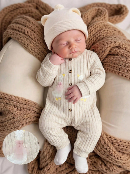 Newborn Baby Girl Cute Casual Knit Duck Pattern Long Sleeve Home Wear Jumpsuit
