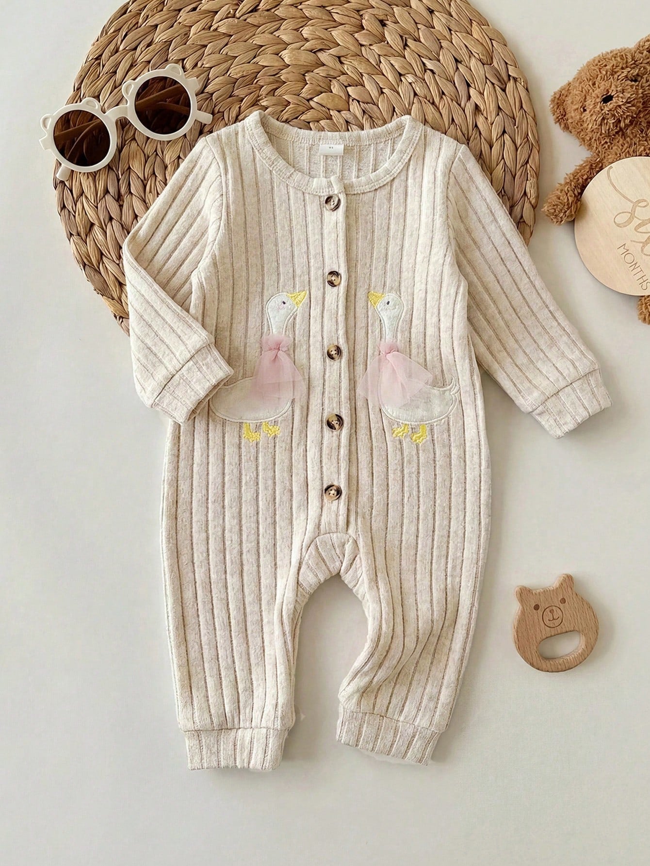 Newborn Baby Girl Cute Casual Knit Duck Pattern Long Sleeve Home Wear Jumpsuit