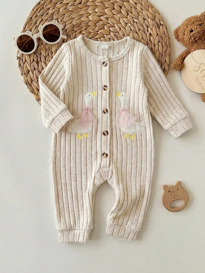 Newborn Baby Girl Cute Casual Knit Duck Pattern Long Sleeve Home Wear Jumpsuit