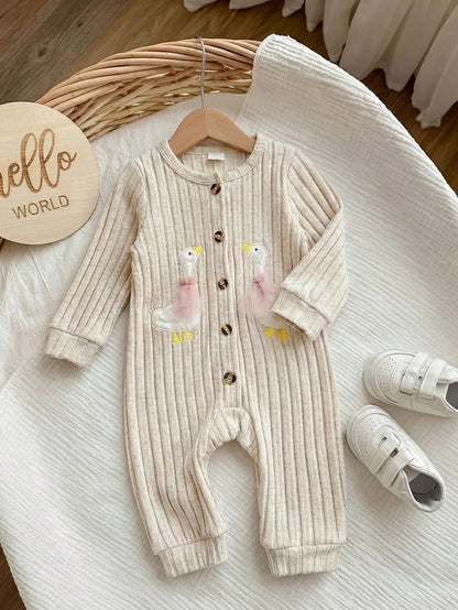 Newborn Baby Girl Cute Casual Knit Duck Pattern Long Sleeve Home Wear Jumpsuit
