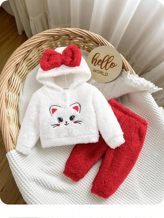 Newborn Baby Girl Cute Fluffy Cat Pattern Hoodie Top And Pants 2-Piece Set,Winter Fleece Outfit,All White Holiday Christmas Pajamas For Toddlers Home