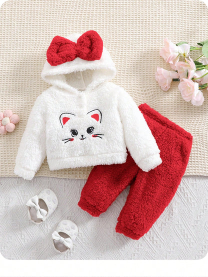 Newborn Baby Girl Cute Fluffy Cat Pattern Hoodie Top And Pants 2-Piece Set,Winter Fleece Outfit,All White Holiday Christmas Pajamas For Toddlers Home