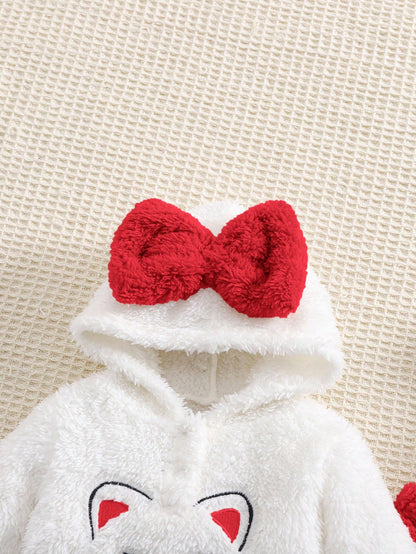 Newborn Baby Girl Cute Fluffy Cat Pattern Hoodie Top And Pants 2-Piece Set,Winter Fleece Outfit,All White Holiday Christmas Pajamas For Toddlers Home