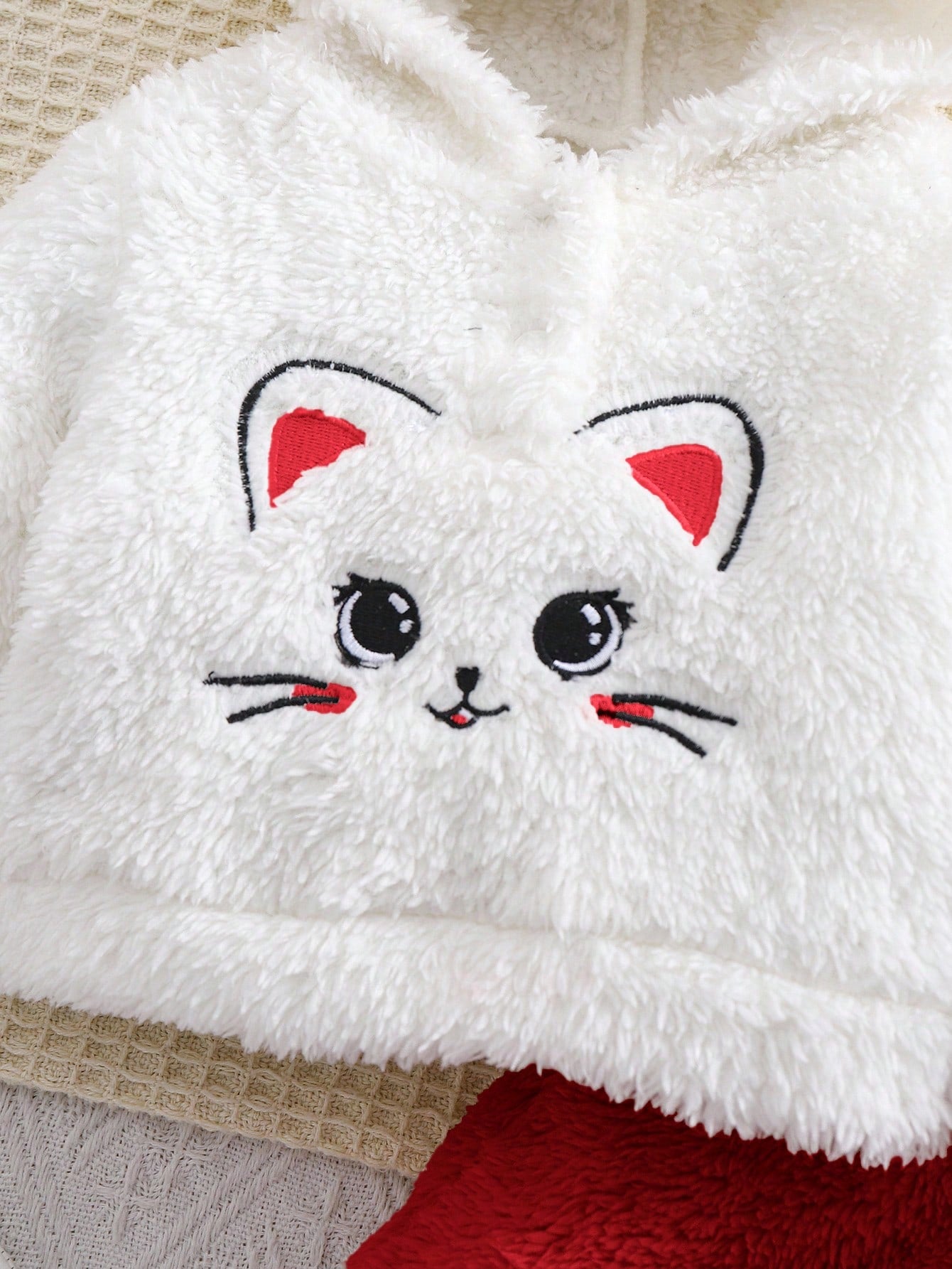 Newborn Baby Girl Cute Fluffy Cat Pattern Hoodie Top And Pants 2-Piece Set,Winter Fleece Outfit,All White Holiday Christmas Pajamas For Toddlers Home
