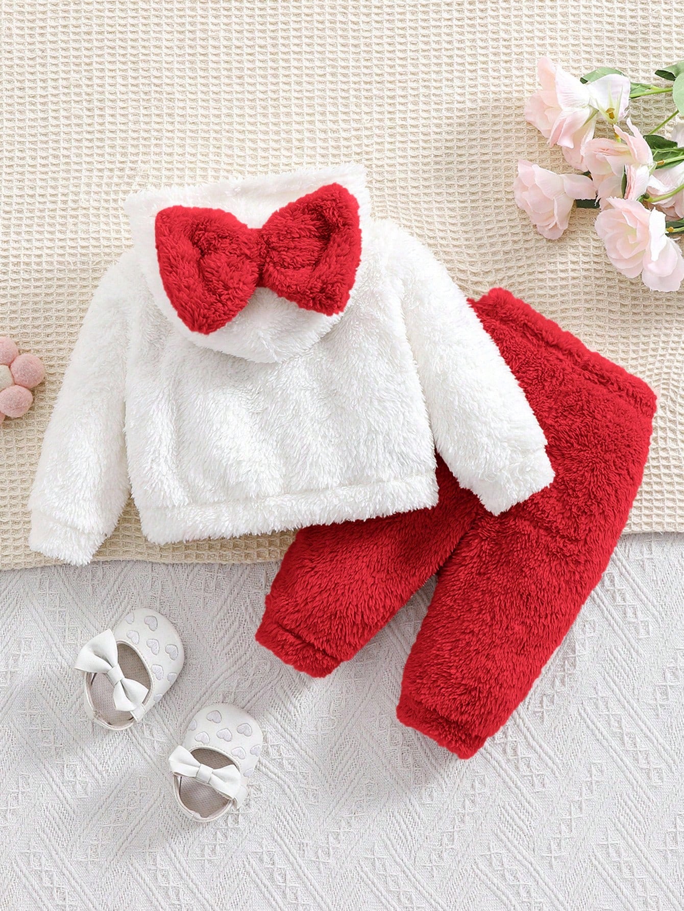 Newborn Baby Girl Cute Fluffy Cat Pattern Hoodie Top And Pants 2-Piece Set,Winter Fleece Outfit,All White Holiday Christmas Pajamas For Toddlers Home