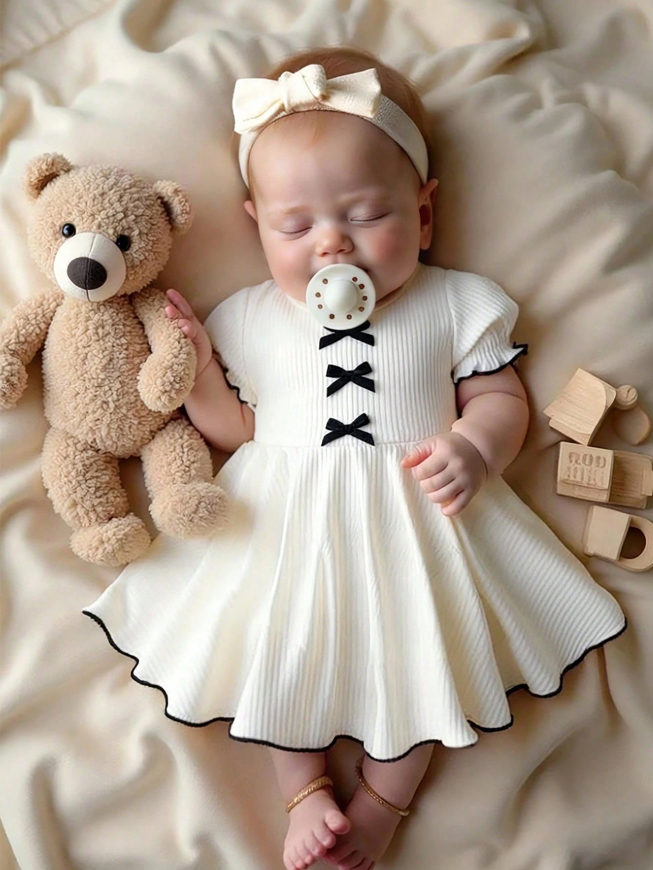 Newborn Baby Girl Dress,Summer Cute Princess-Style Short-Sleeved Bow Tie Knitted Dotted Fabric Flowing Skirt For Milestone Gift,Daily Wear Dress