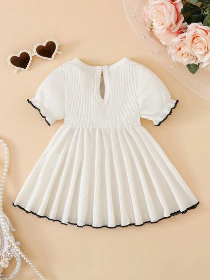 Newborn Baby Girl Dress,Summer Cute Princess-Style Short-Sleeved Bow Tie Knitted Dotted Fabric Flowing Skirt For Milestone Gift,Daily Wear Dress