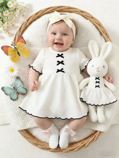 Newborn Baby Girl Dress,Summer Cute Princess-Style Short-Sleeved Bow Tie Knitted Dotted Fabric Flowing Skirt For Milestone Gift,Daily Wear Dress