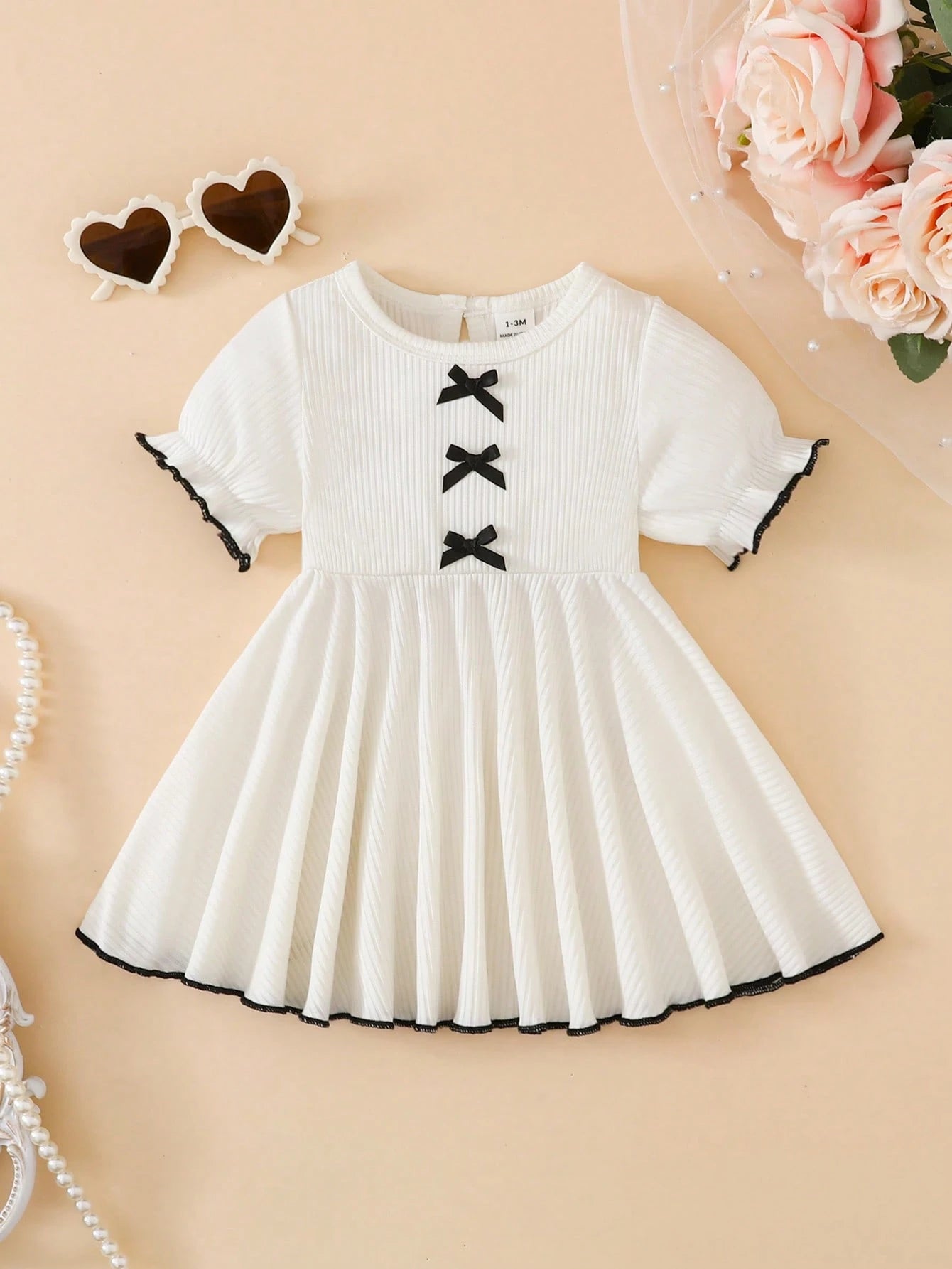 Newborn Baby Girl Dress,Summer Cute Princess-Style Short-Sleeved Bow Tie Knitted Dotted Fabric Flowing Skirt For Milestone Gift,Daily Wear Dress