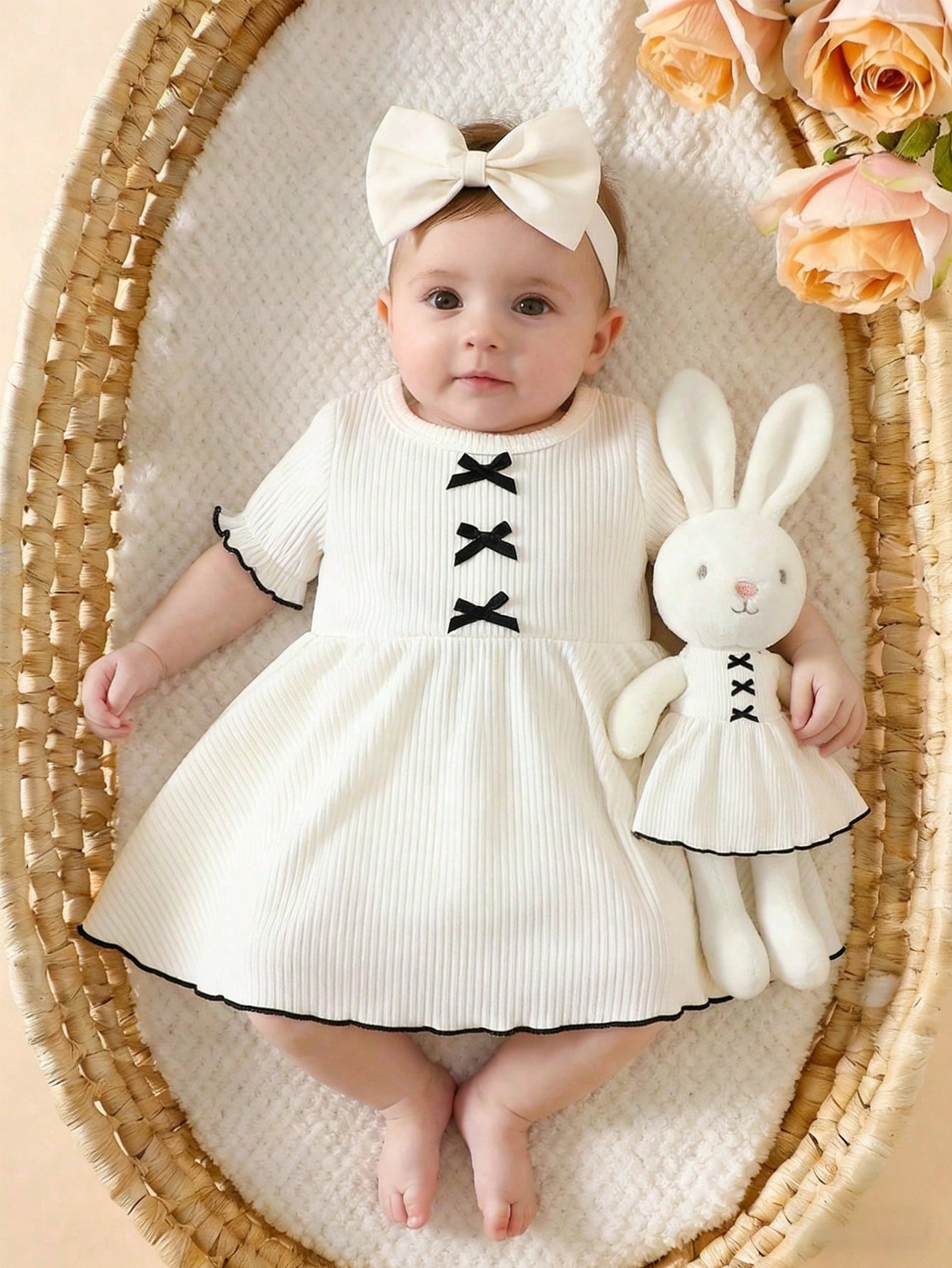 Newborn Baby Girl Dress,Summer Cute Princess-Style Short-Sleeved Bow Tie Knitted Dotted Fabric Flowing Skirt For Milestone Gift,Daily Wear Dress