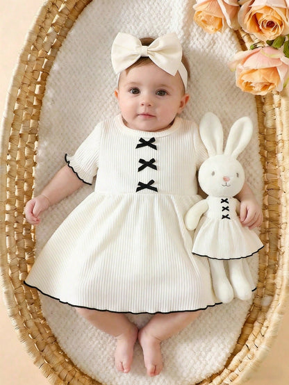 Newborn Baby Girl Dress,Summer Cute Princess-Style Short-Sleeved Bow Tie Knitted Dotted Fabric Flowing Skirt For Milestone Gift,Daily Wear Dress