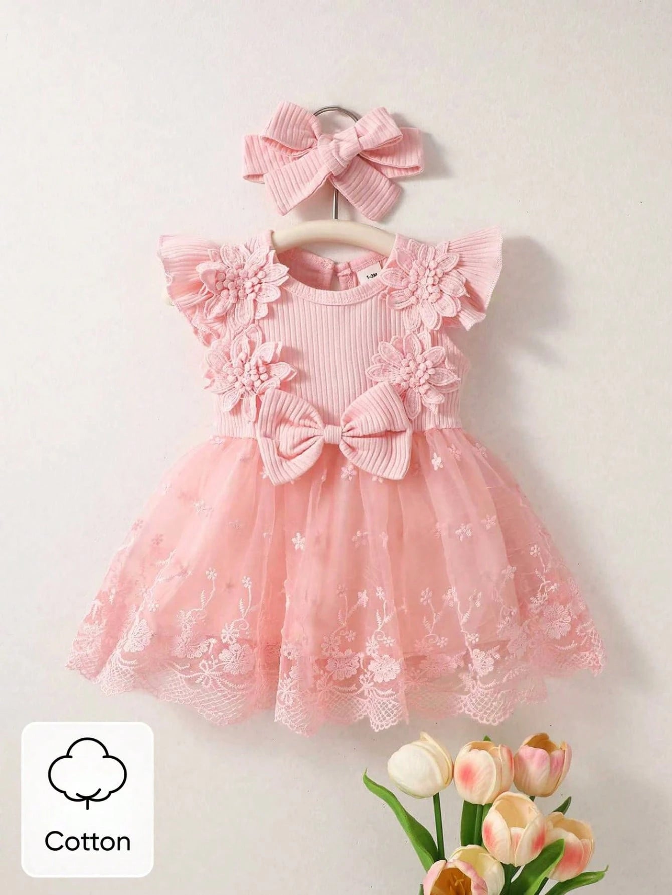 Newborn Baby Girl Dusty Pink Summer Cute Wedding Guest Mesh Sleeveless Dress With Headband Set 3D Embroidered Bow Ribbed Trim Elegant Outdoor Outfit