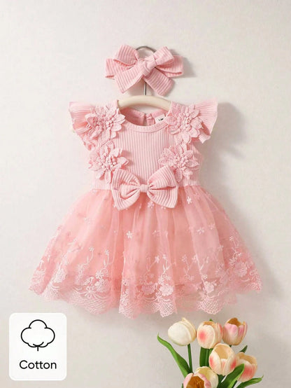 Newborn Baby Girl Dusty Pink Summer Cute Wedding Guest Mesh Sleeveless Dress With Headband Set 3D Embroidered Bow Ribbed Trim Elegant Outdoor Outfit