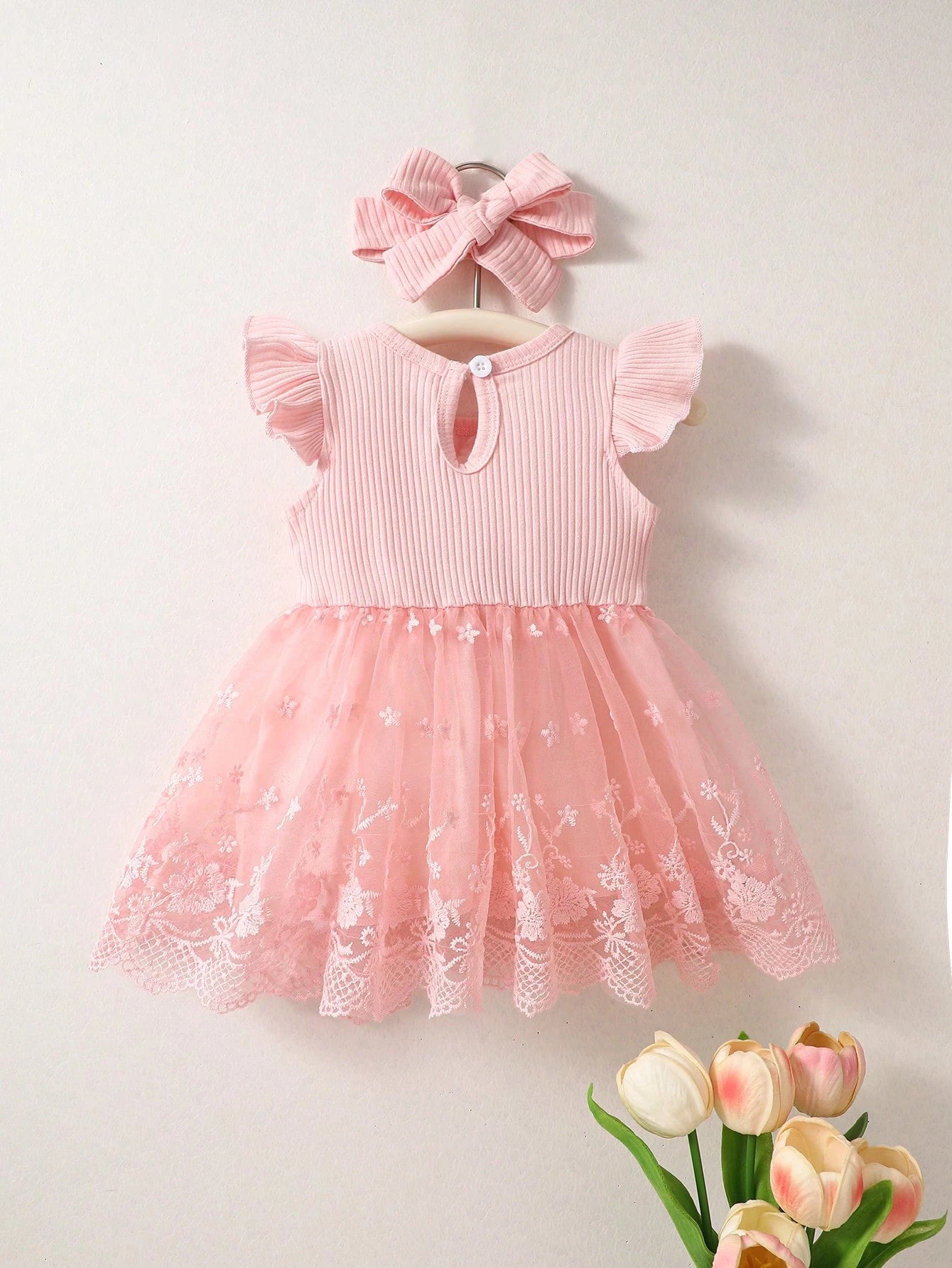 Newborn Baby Girl Dusty Pink Summer Cute Wedding Guest Mesh Sleeveless Dress With Headband Set 3D Embroidered Bow Ribbed Trim Elegant Outdoor Outfit
