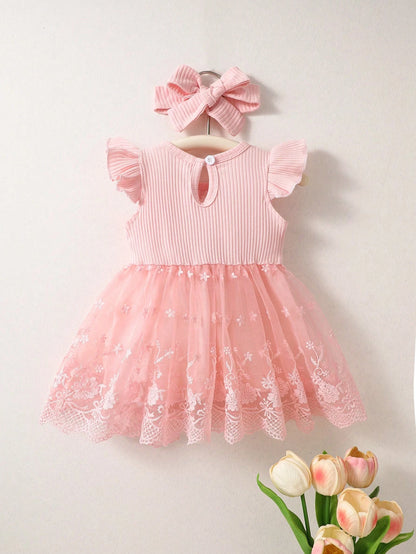 Newborn Baby Girl Dusty Pink Summer Cute Wedding Guest Mesh Sleeveless Dress With Headband Set 3D Embroidered Bow Ribbed Trim Elegant Outdoor Outfit