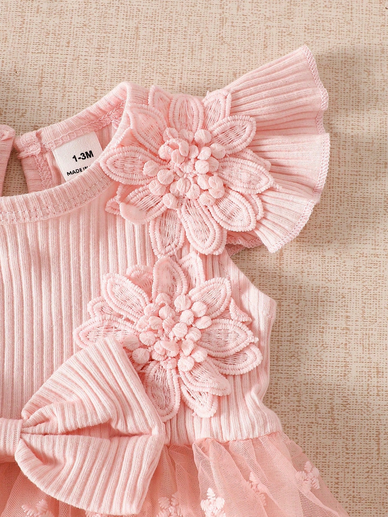 Newborn Baby Girl Dusty Pink Summer Cute Wedding Guest Mesh Sleeveless Dress With Headband Set 3D Embroidered Bow Ribbed Trim Elegant Outdoor Outfit