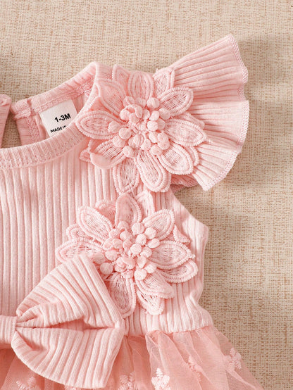 Newborn Baby Girl Dusty Pink Summer Cute Wedding Guest Mesh Sleeveless Dress With Headband Set 3D Embroidered Bow Ribbed Trim Elegant Outdoor Outfit