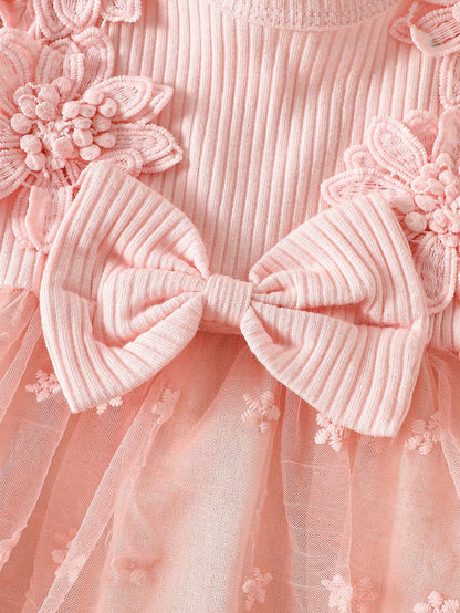 Newborn Baby Girl Dusty Pink Summer Cute Wedding Guest Mesh Sleeveless Dress With Headband Set 3D Embroidered Bow Ribbed Trim Elegant Outdoor Outfit