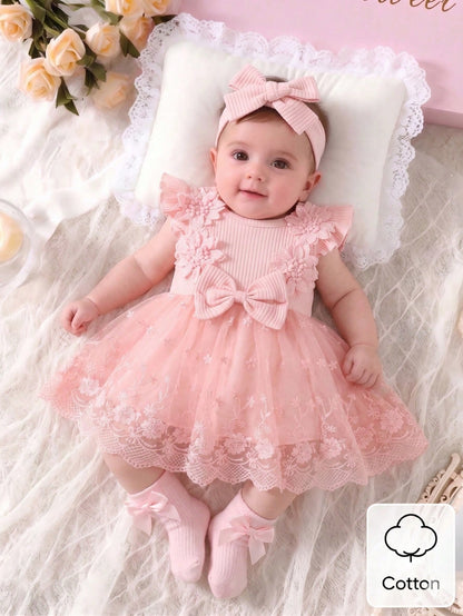 Newborn Baby Girl Dusty Pink Summer Cute Wedding Guest Mesh Sleeveless Dress With Headband Set 3D Embroidered Bow Ribbed Trim Elegant Outdoor Outfit