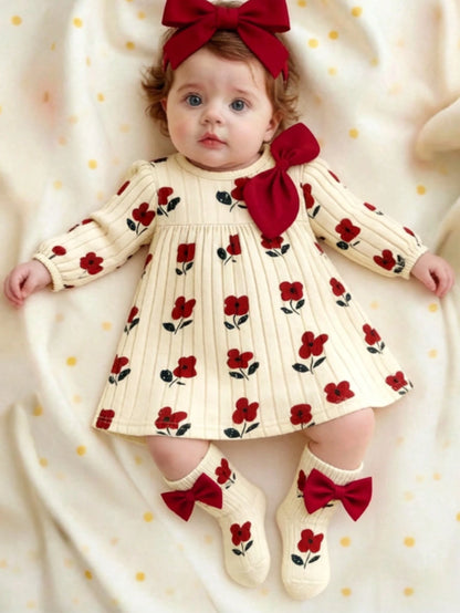 Newborn Baby Girl Gift Set- Dress With Bow, Floral Print & Ribbed Texture, With Socks And Headband, Baby Shower Gift