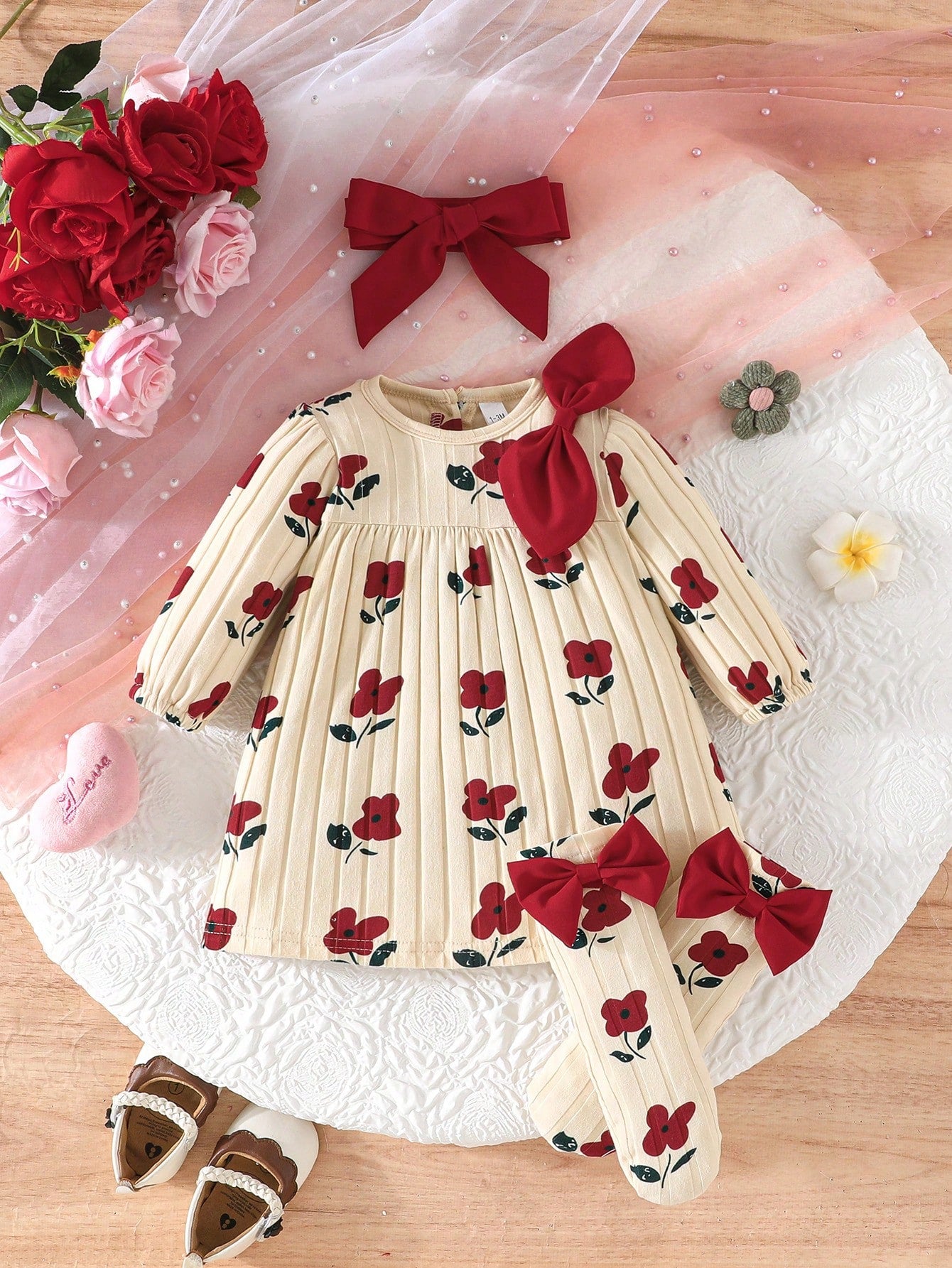 Newborn Baby Girl Gift Set- Dress With Bow, Floral Print & Ribbed Texture, With Socks And Headband, Baby Shower Gift