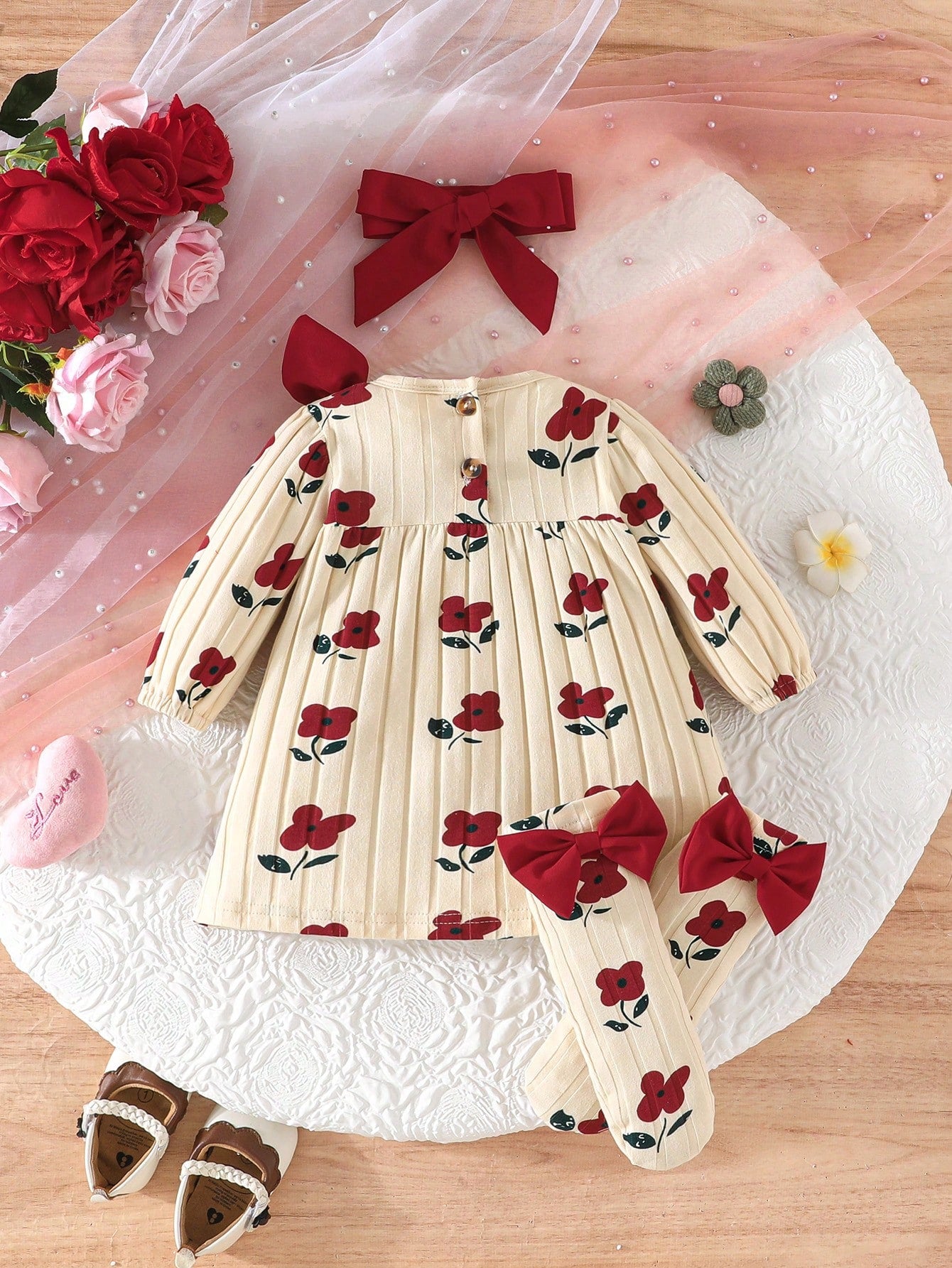 Newborn Baby Girl Gift Set- Dress With Bow, Floral Print & Ribbed Texture, With Socks And Headband, Baby Shower Gift