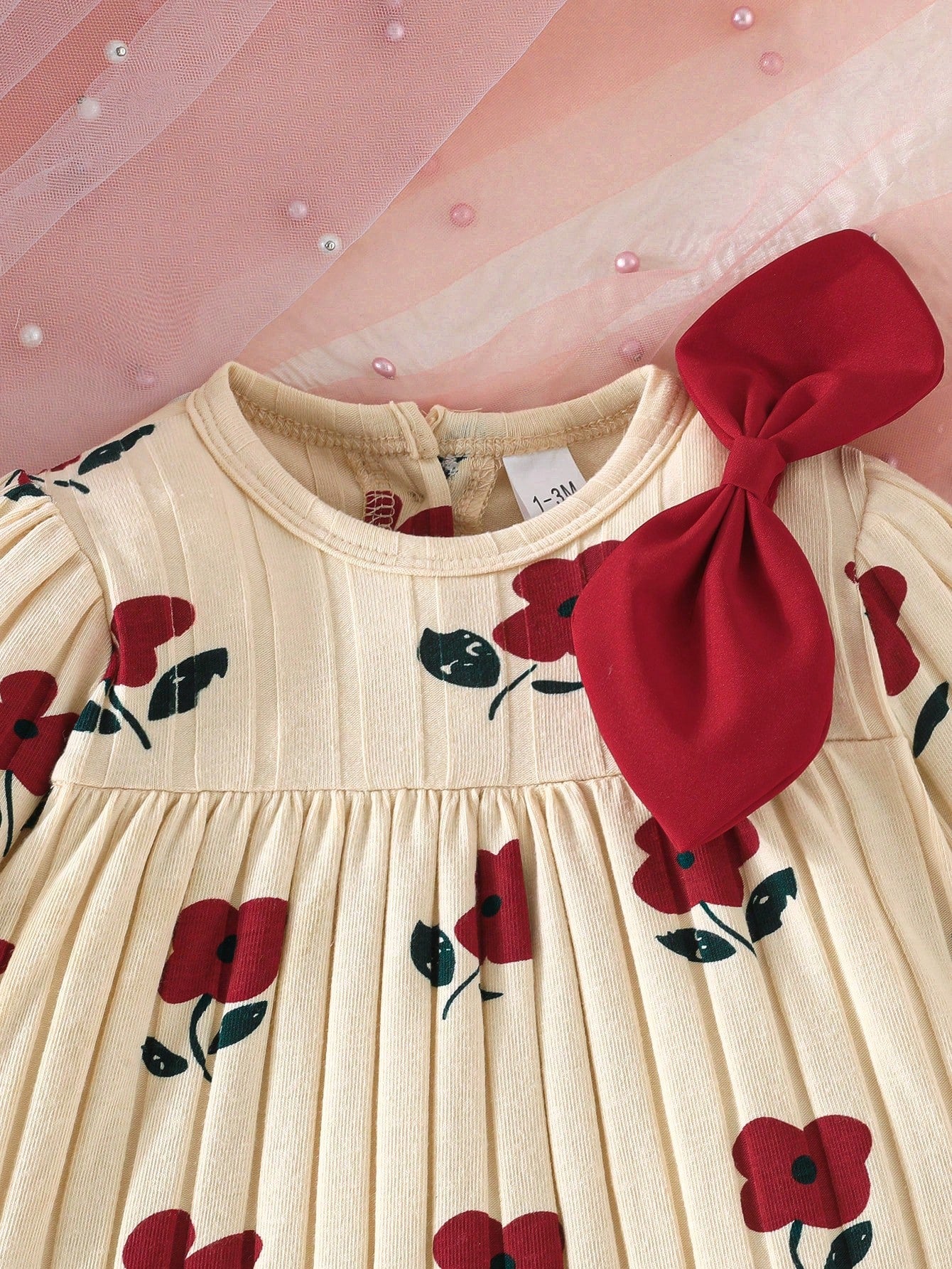 Newborn Baby Girl Gift Set- Dress With Bow, Floral Print & Ribbed Texture, With Socks And Headband, Baby Shower Gift