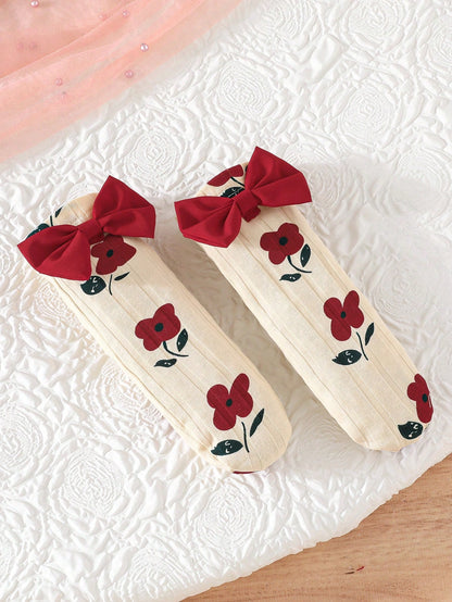 Newborn Baby Girl Gift Set- Dress With Bow, Floral Print & Ribbed Texture, With Socks And Headband, Baby Shower Gift