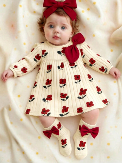 Newborn Baby Girl Gift Set- Dress With Bow, Floral Print & Ribbed Texture, With Socks And Headband, Baby Shower Gift
