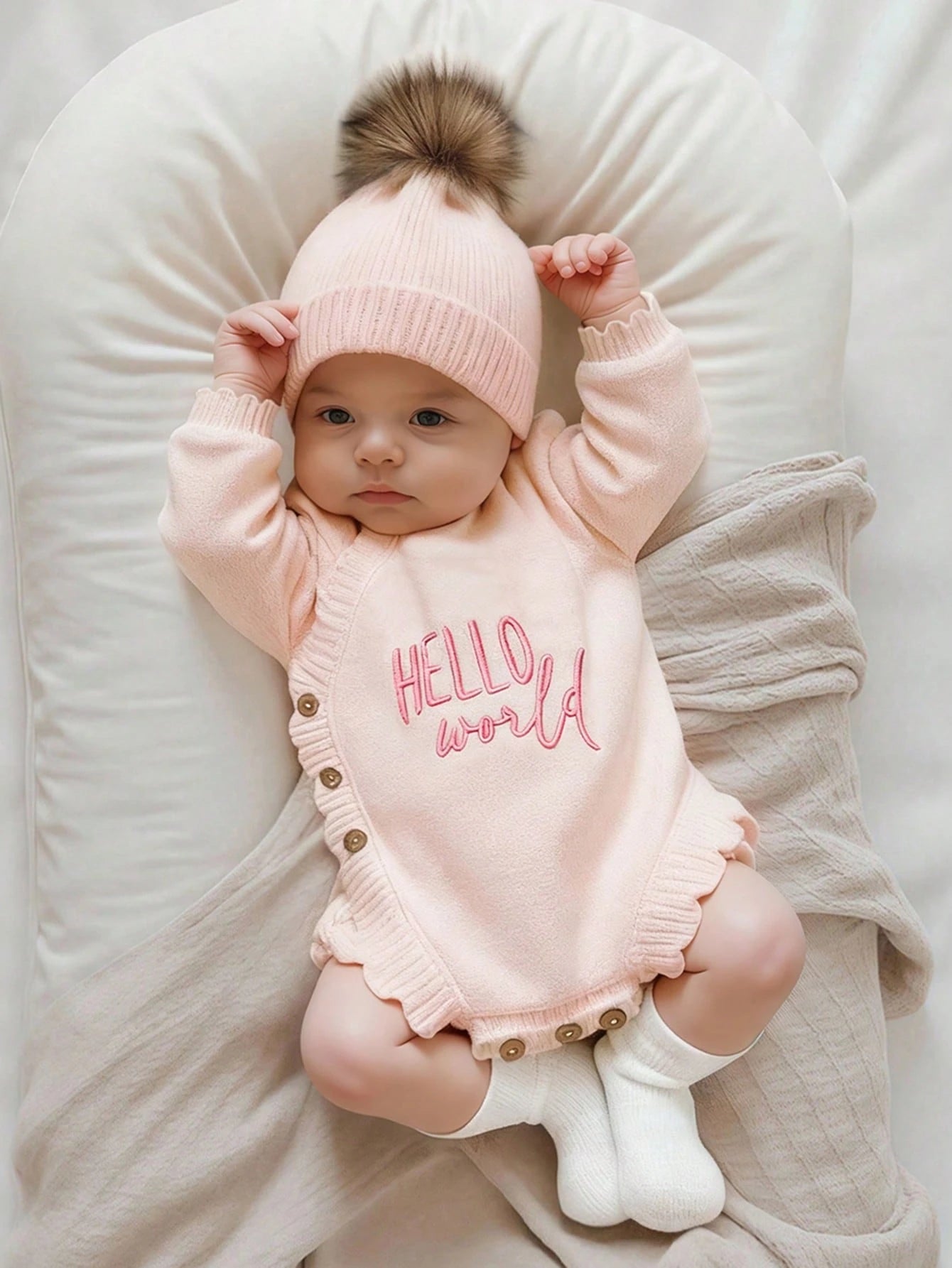 Newborn Baby Girl Knitted Hello World Embroidery Romper With Pom Hat Light Pink Autumn Funny Graphic Photo Shoot Baby Announcement Coming Home Outfit