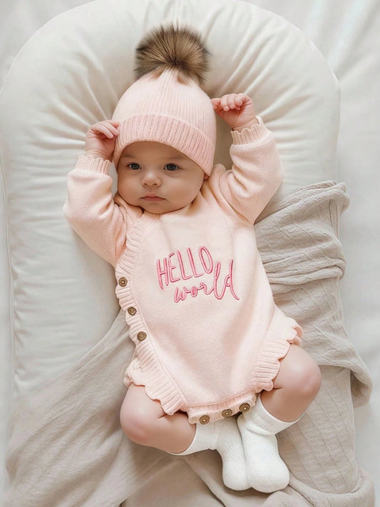 Newborn Baby Girl Knitted Hello World Embroidery Romper With Pom Hat Light Pink Autumn Funny Graphic Photo Shoot Baby Announcement Coming Home Outfit