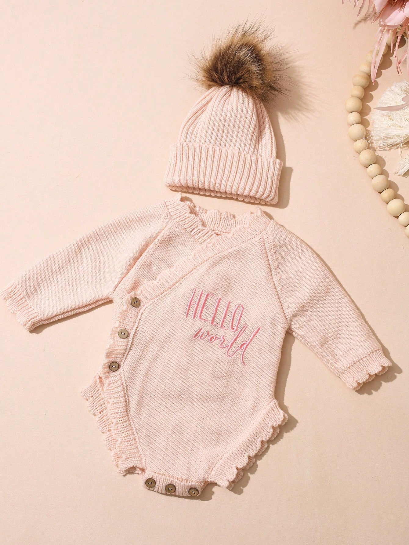 Newborn Baby Girl Knitted Hello World Embroidery Romper With Pom Hat Light Pink Autumn Funny Graphic Photo Shoot Baby Announcement Coming Home Outfit