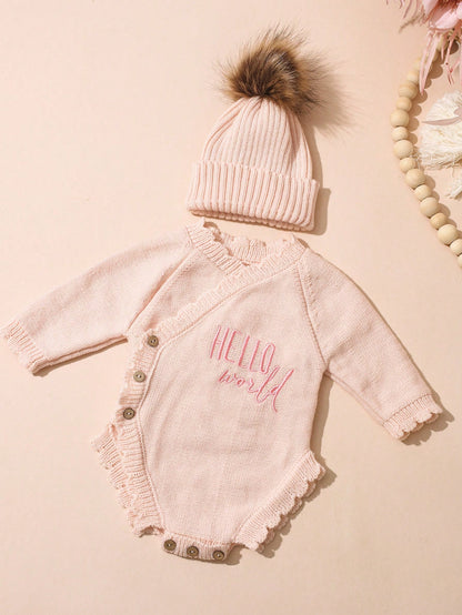 Newborn Baby Girl Knitted Hello World Embroidery Romper With Pom Hat Light Pink Autumn Funny Graphic Photo Shoot Baby Announcement Coming Home Outfit