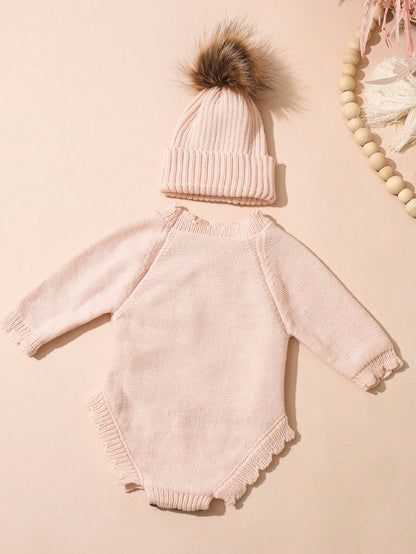 Newborn Baby Girl Knitted Hello World Embroidery Romper With Pom Hat Light Pink Autumn Funny Graphic Photo Shoot Baby Announcement Coming Home Outfit