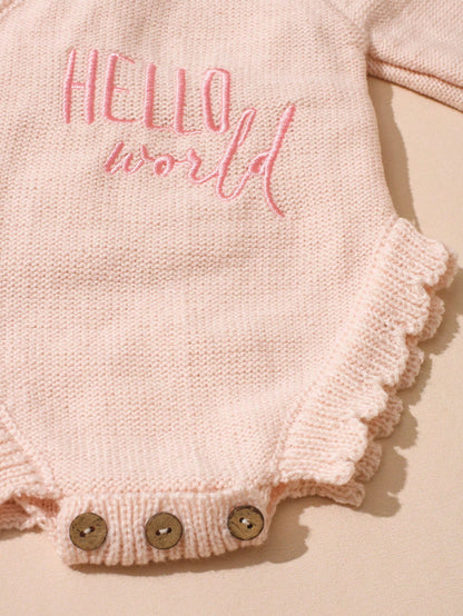 Newborn Baby Girl Knitted Hello World Embroidery Romper With Pom Hat Light Pink Autumn Funny Graphic Photo Shoot Baby Announcement Coming Home Outfit
