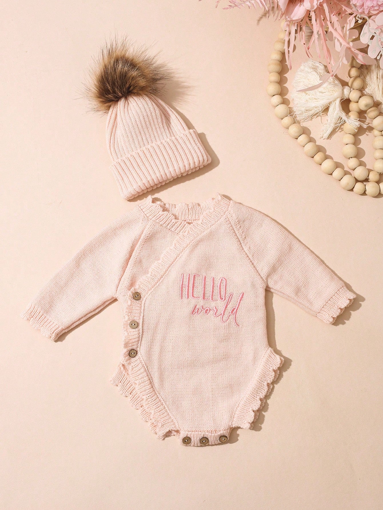 Newborn Baby Girl Knitted Hello World Embroidery Romper With Pom Hat Light Pink Autumn Funny Graphic Photo Shoot Baby Announcement Coming Home Outfit