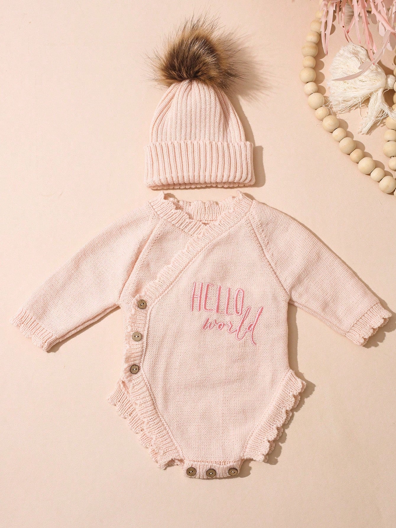 Newborn Baby Girl Knitted Hello World Embroidery Romper With Pom Hat Light Pink Autumn Funny Graphic Photo Shoot Baby Announcement Coming Home Outfit