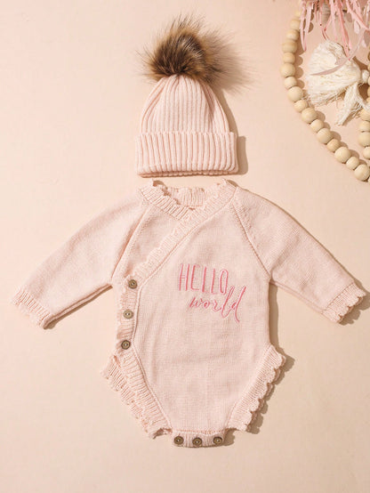 Newborn Baby Girl Knitted Hello World Embroidery Romper With Pom Hat Light Pink Autumn Funny Graphic Photo Shoot Baby Announcement Coming Home Outfit