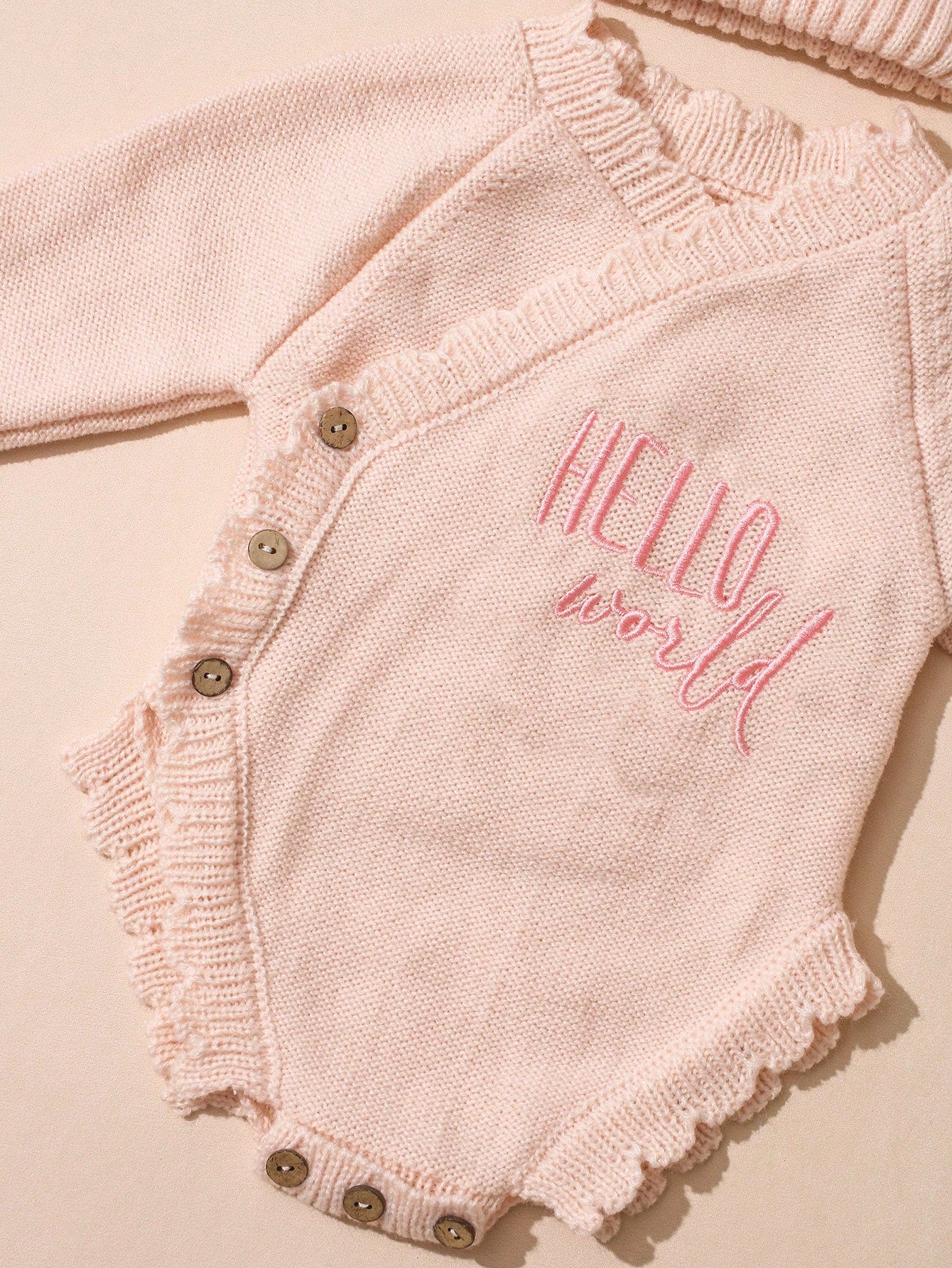 Newborn Baby Girl Knitted Hello World Embroidery Romper With Pom Hat Light Pink Autumn Funny Graphic Photo Shoot Baby Announcement Coming Home Outfit