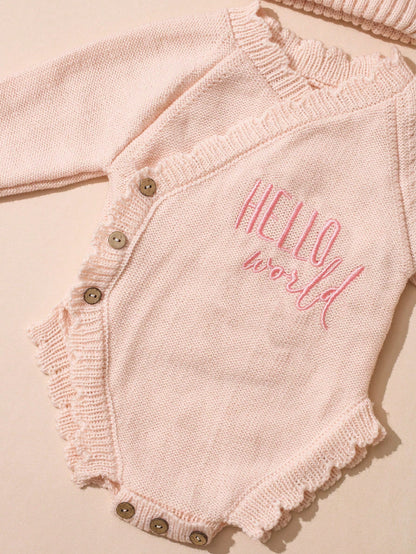 Newborn Baby Girl Knitted Hello World Embroidery Romper With Pom Hat Light Pink Autumn Funny Graphic Photo Shoot Baby Announcement Coming Home Outfit
