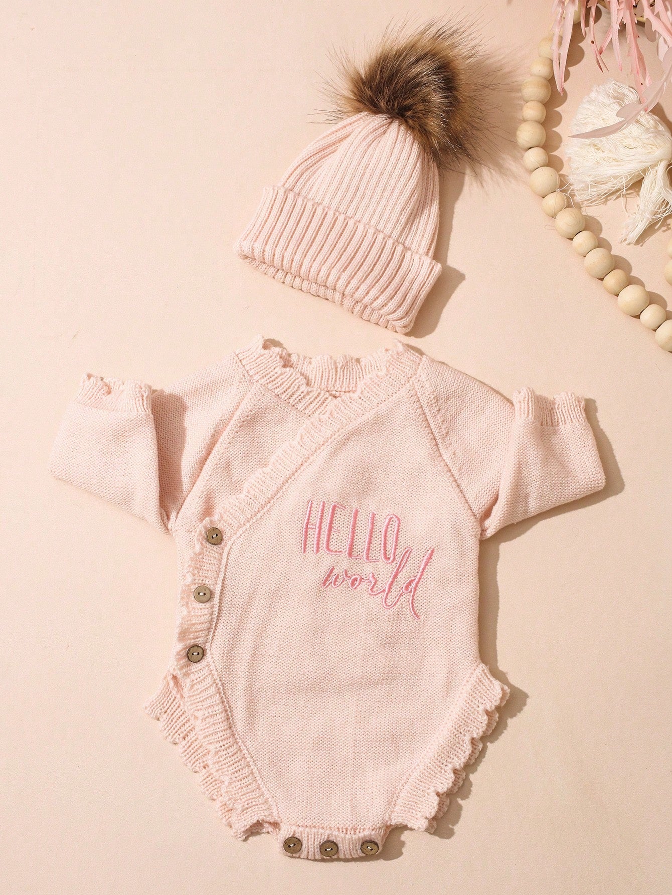 Newborn Baby Girl Knitted Hello World Embroidery Romper With Pom Hat Light Pink Autumn Funny Graphic Photo Shoot Baby Announcement Coming Home Outfit