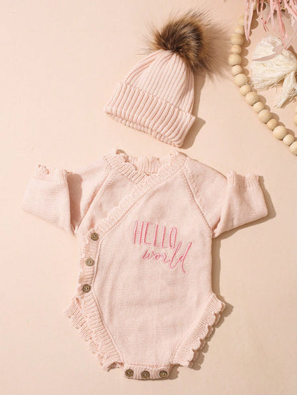 Newborn Baby Girl Knitted Hello World Embroidery Romper With Pom Hat Light Pink Autumn Funny Graphic Photo Shoot Baby Announcement Coming Home Outfit