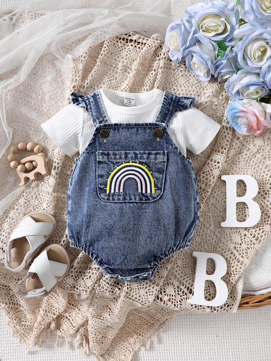 Newborn Baby Girl Summer Solid Color Cap Sleeve Casual T-Shirt And Rainbow Embroidery Flutter Sleeve Bodysuit Set
