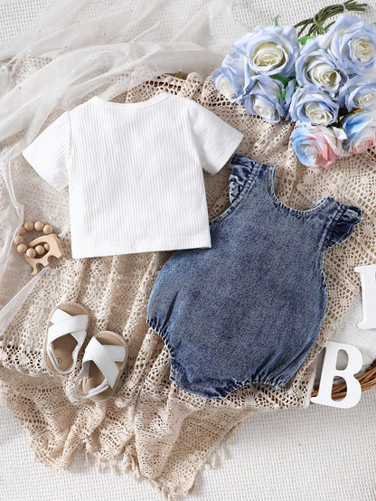 Newborn Baby Girl Summer Solid Color Cap Sleeve Casual T-Shirt And Rainbow Embroidery Flutter Sleeve Bodysuit Set