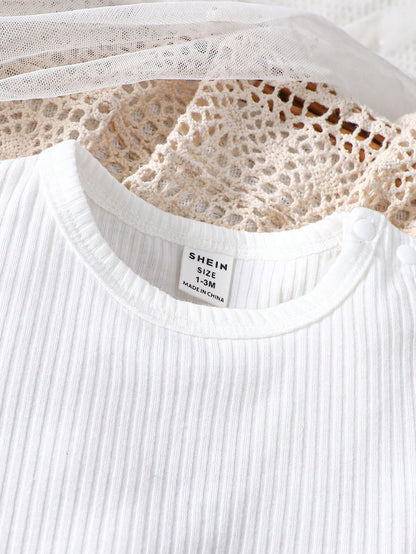 Newborn Baby Girl Summer Solid Color Cap Sleeve Casual T-Shirt And Rainbow Embroidery Flutter Sleeve Bodysuit Set