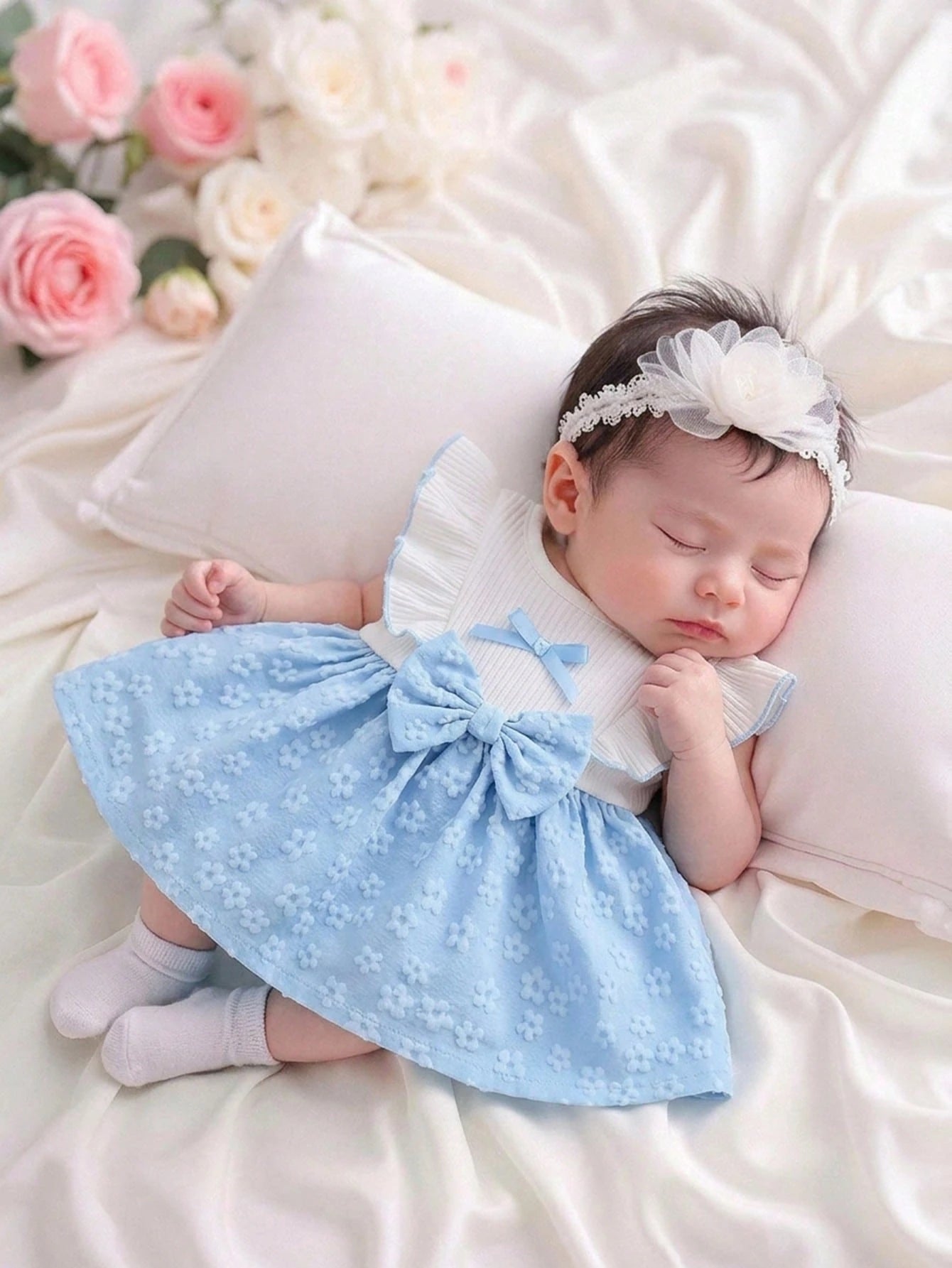 Newborn Baby Girl White Sleeveless Lace Collar Patchwork Pink Bow Dress New Elegant Retro Cute Fabric Comfortable