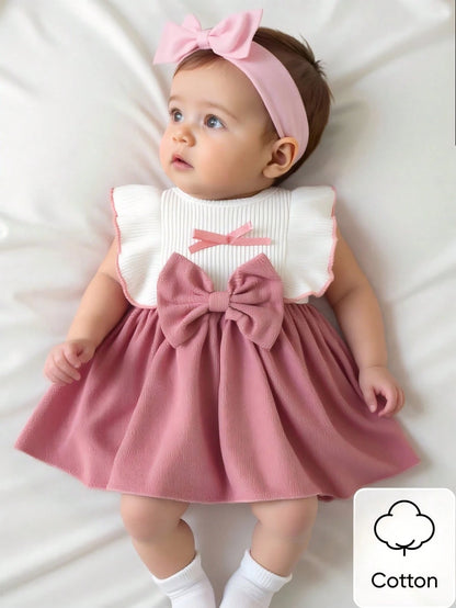 Newborn Baby Girl White Sleeveless Lace Collar Patchwork Pink Bow Dress New Elegant Retro Cute Fabric Comfortable