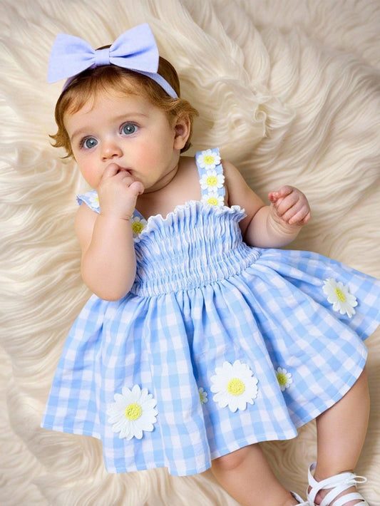 Newborn Baby Girls Cute Blue Plaid Cami Dress Summer Floral Embroidery Design Vacation Style Outing Clothes For Photo Shoot Parties&School 1-9M